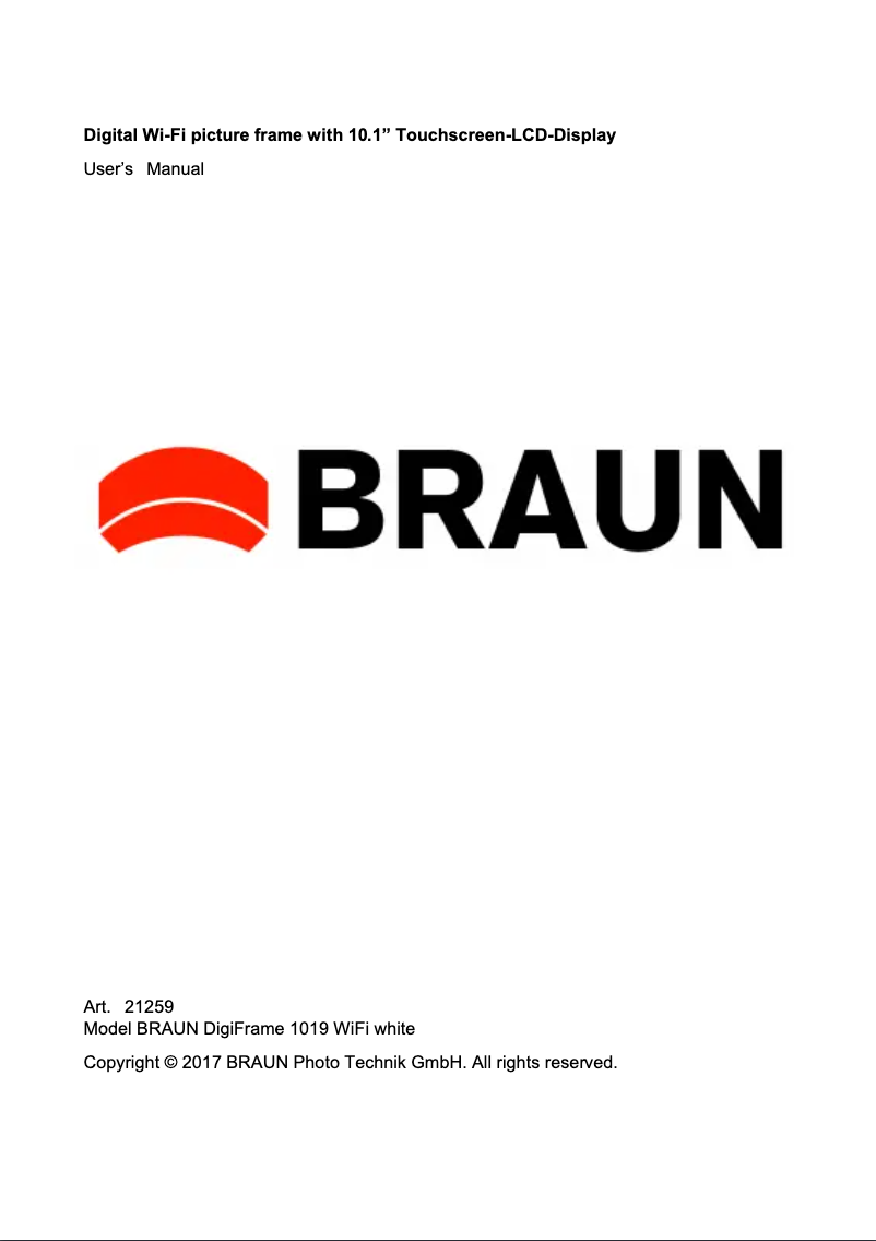 Page 1 de la notice Manuel utilisateur Braun DigiFrame 1019 WiFi
