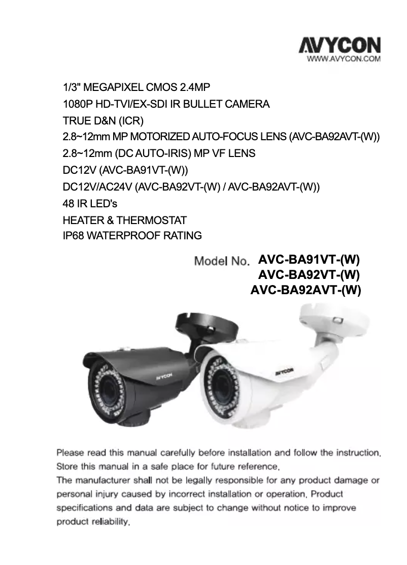 Page n°1 - Manuel utilisateur Avycon AVC-BA91VT-W