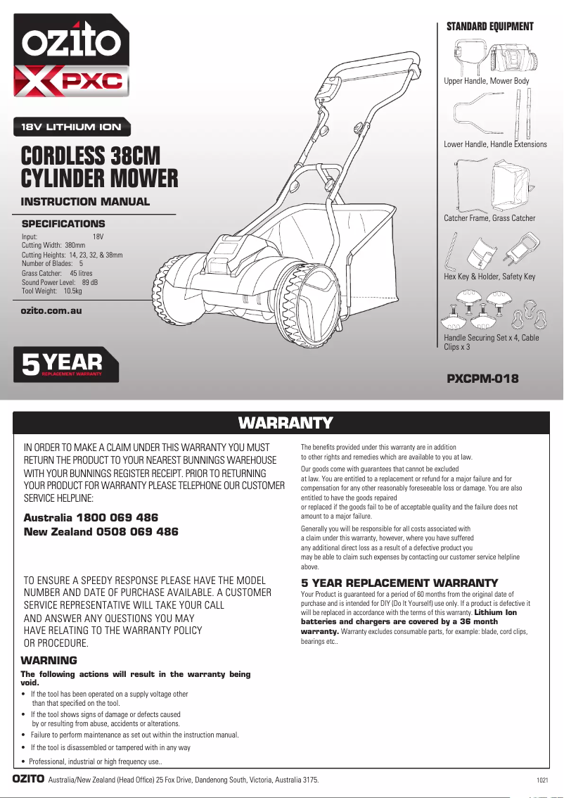 Page 1 de la notice Manuel utilisateur Ozito PXCPM-018