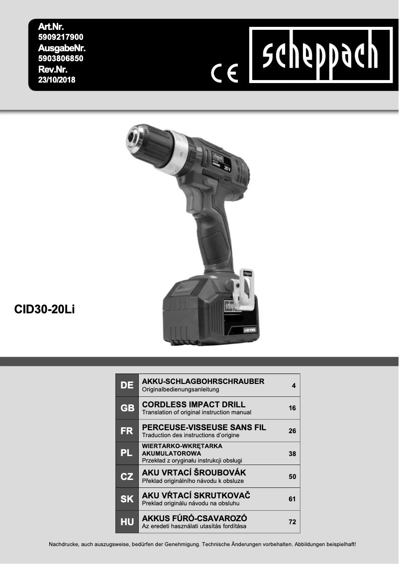 Page 1 de la notice Manuel utilisateur Scheppach CID30-20Li