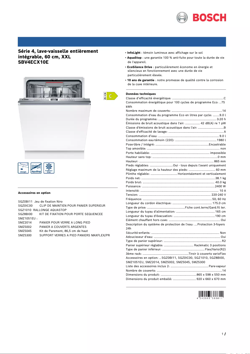 Page 1 de la notice Fiche technique Bosch SBV4ECX10E