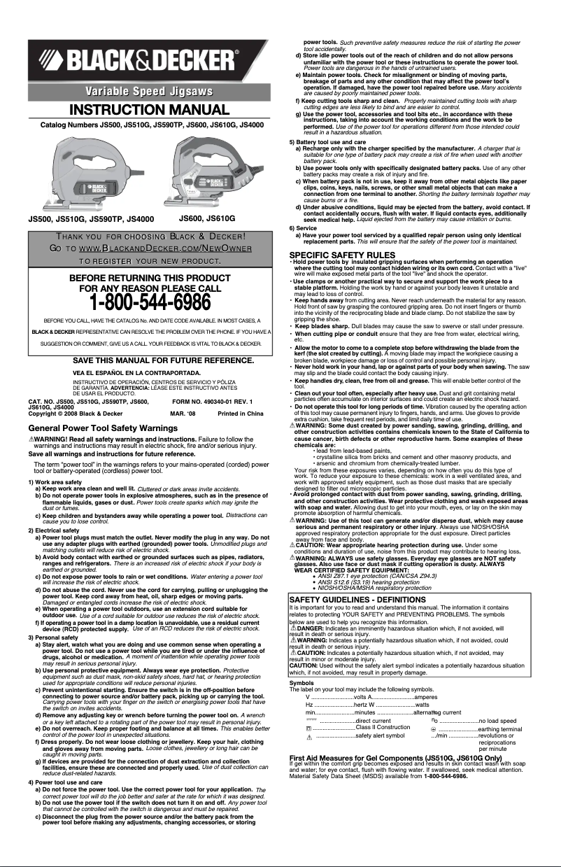 Page n°1 - Manuel utilisateur Black & Decker JS510G