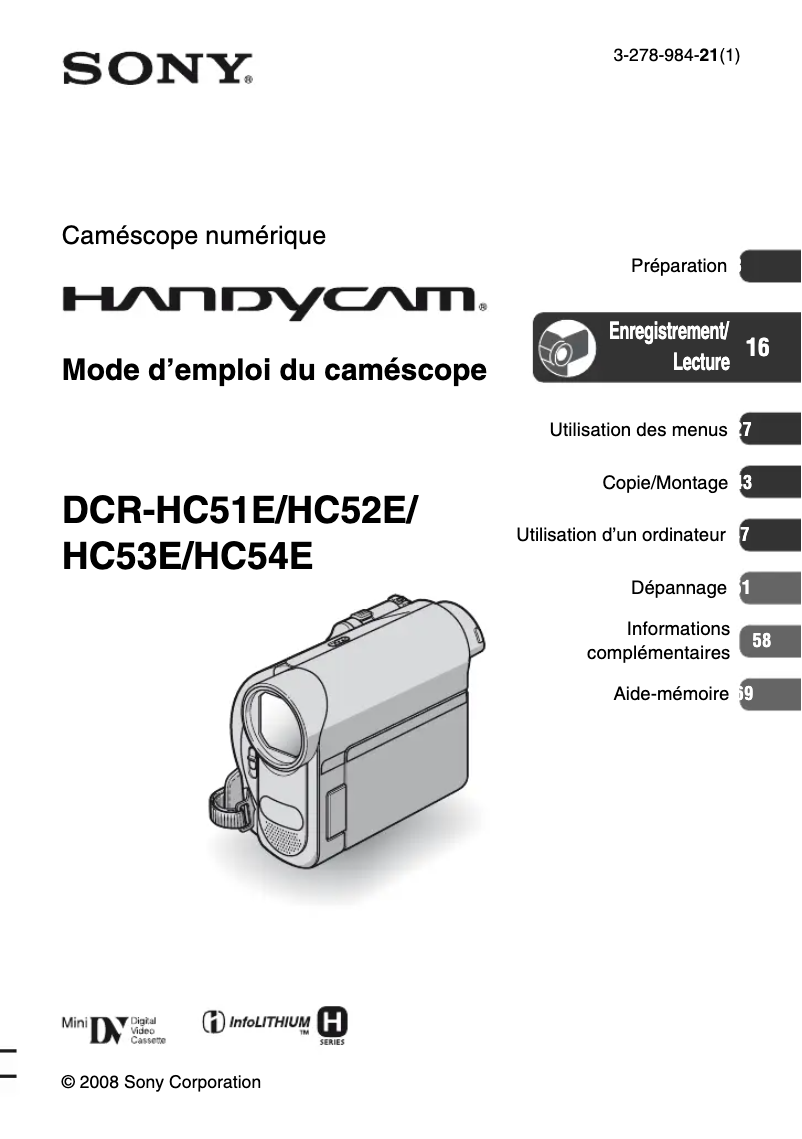 Image de la première page du manuel de l'appareil DCR-HC53E