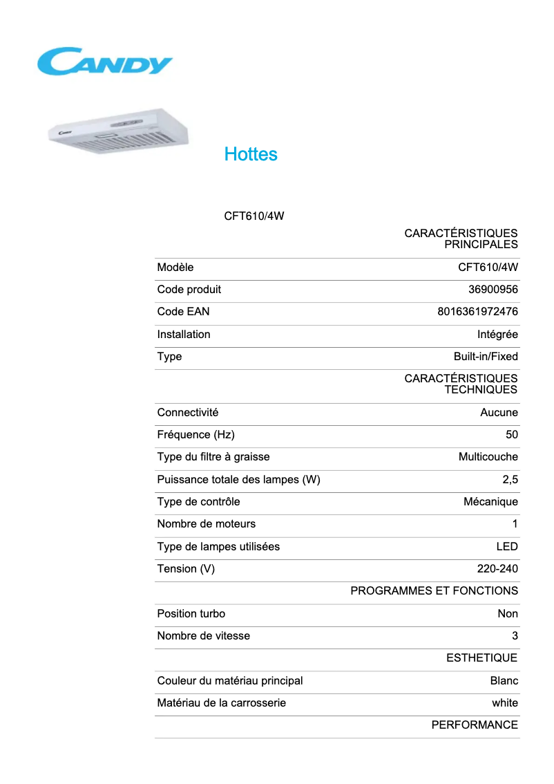 Page 1 de la notice Fiche technique Candy CFT610/4W