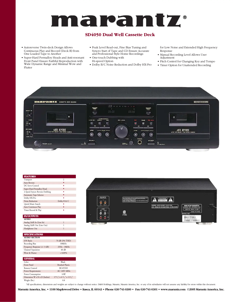 Page 1 de la notice Fiche technique Marantz SD4050