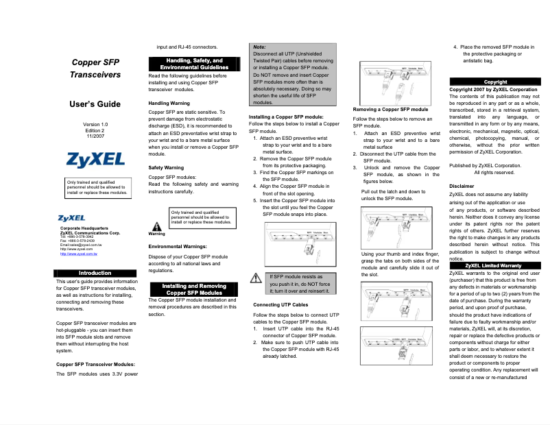 Page 1 of the manual User Manual ZyXEL SFP-100TX