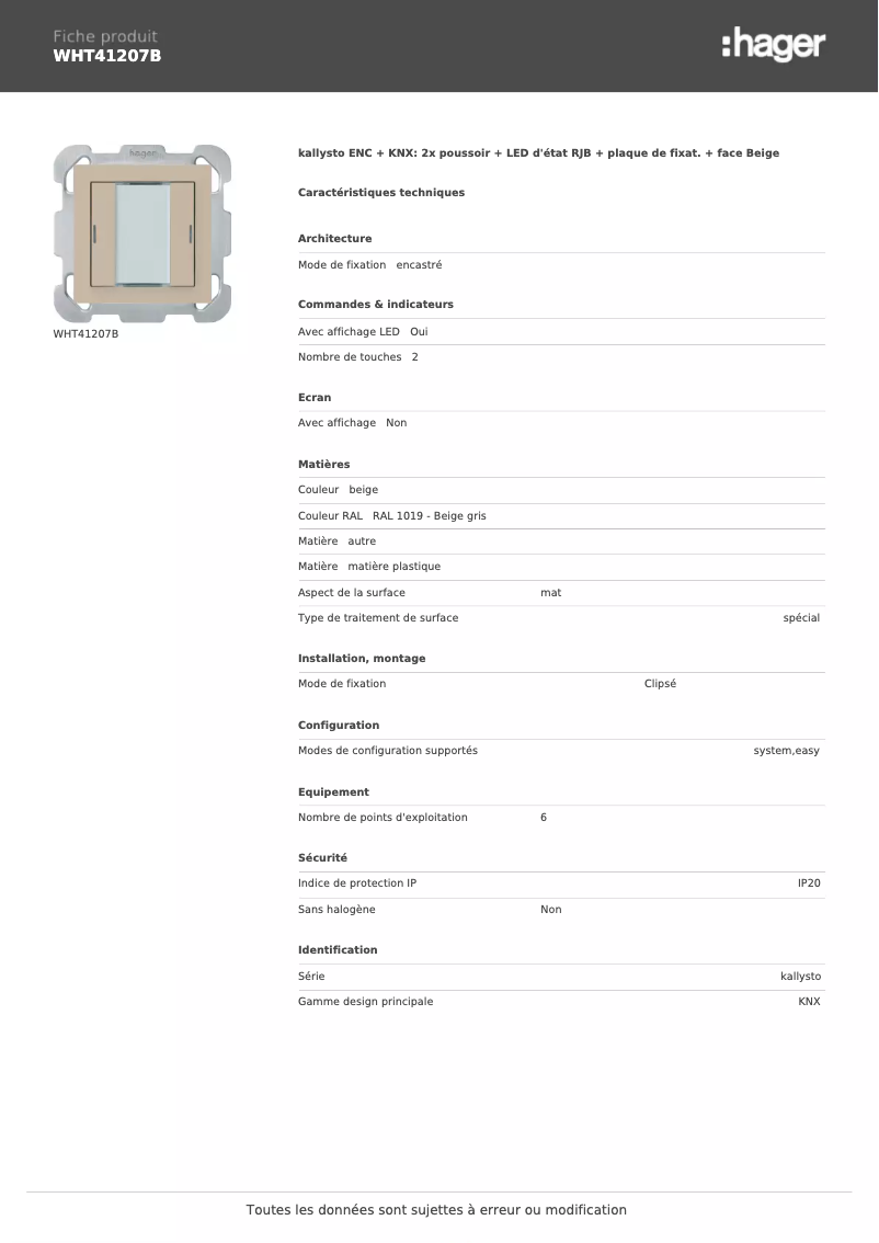 Page 1 de la notice Fiche technique Hager WHT41207B