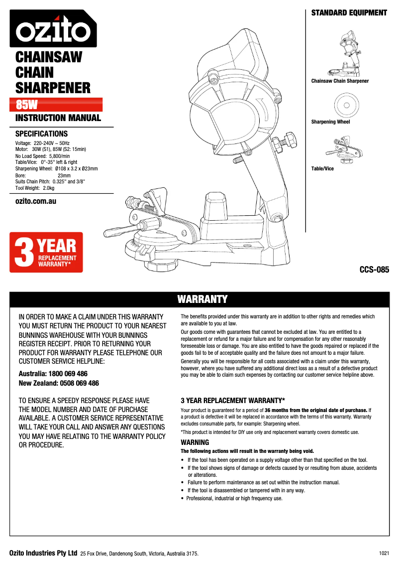 Page 1 de la notice Manuel utilisateur Ozito CCS-085