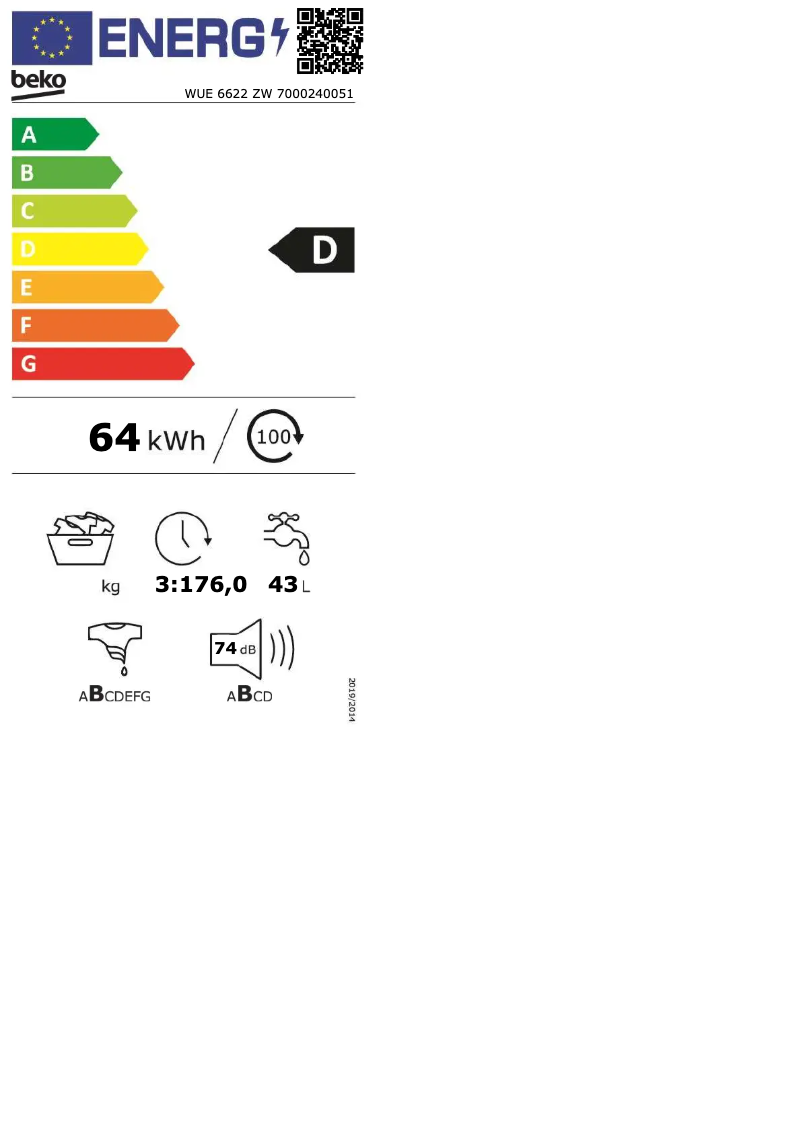 Page 1 de la notice Label énergétique Beko WUE 6622 ZW