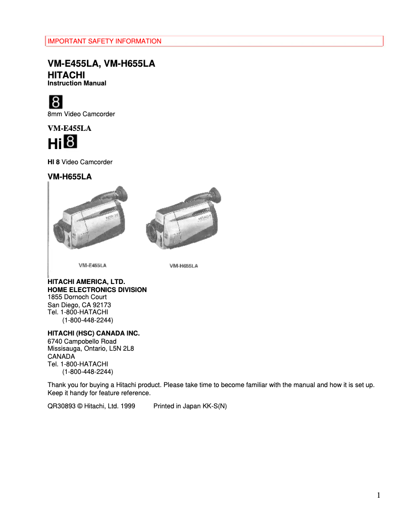 Image de la première page du manuel de l'appareil VM-H655LA