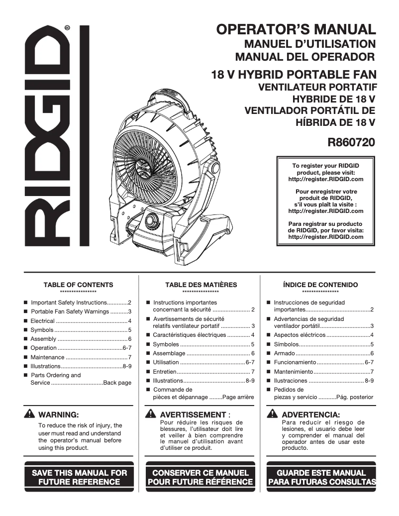 Page 1 de la notice Manuel utilisateur Ridgid R860720