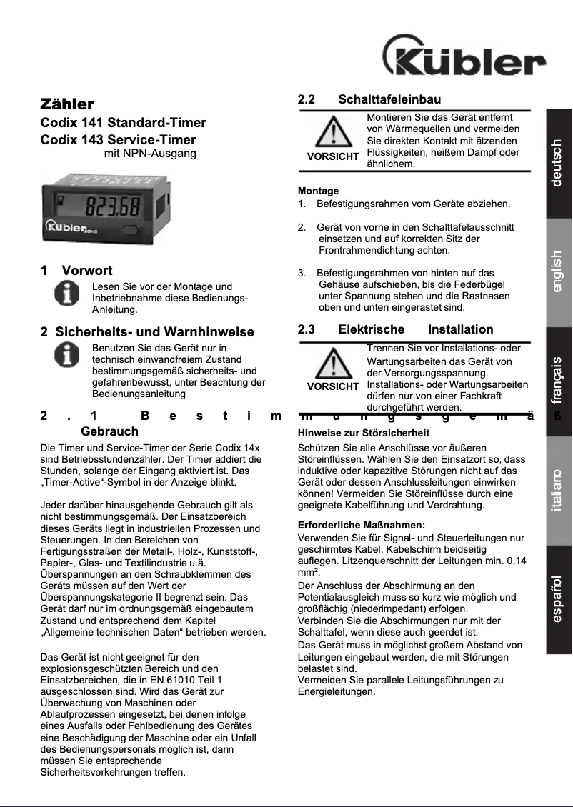 Page n°1 - Manuel utilisateur Kübler Codix 141