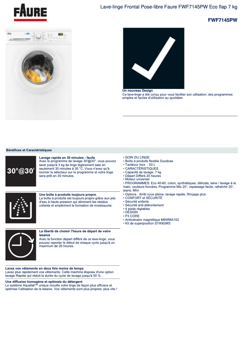 Página 1 del manual Ficha técnica Faure FWF7145PW