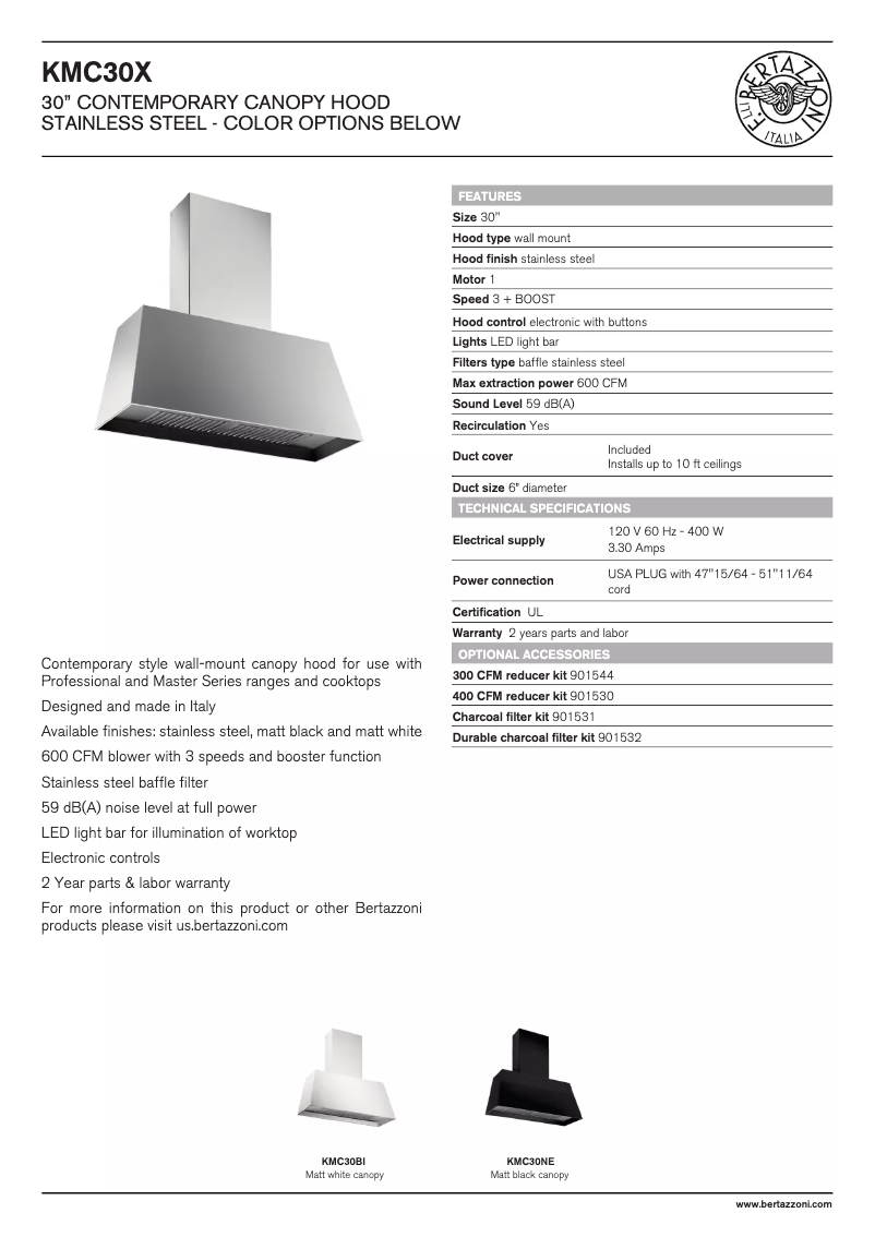 Page 1 de la notice Fiche technique Bertazzoni KMC30BI