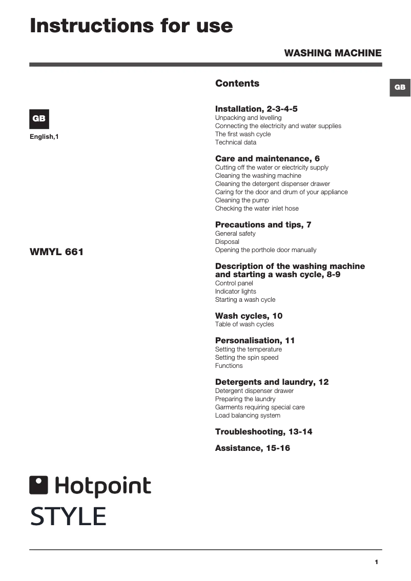 Page n°1 - Manuel utilisateur Hotpoint WMYL 661P