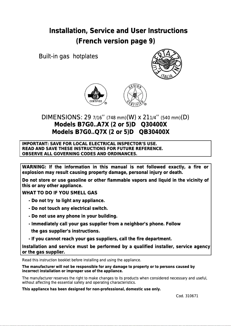 Page n°1 - Manuel utilisateur Bertazzoni QB30M400XLP