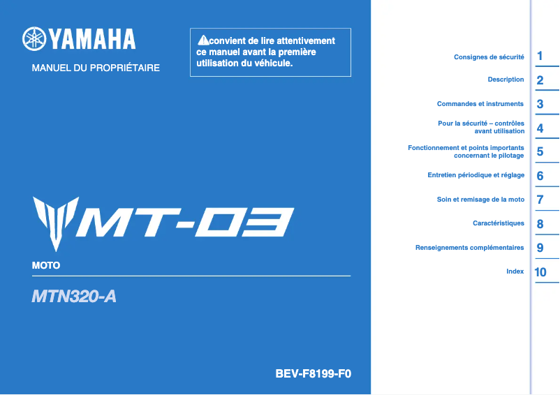 Page n°1 - Manuel utilisateur Yamaha MT-03 (2022)