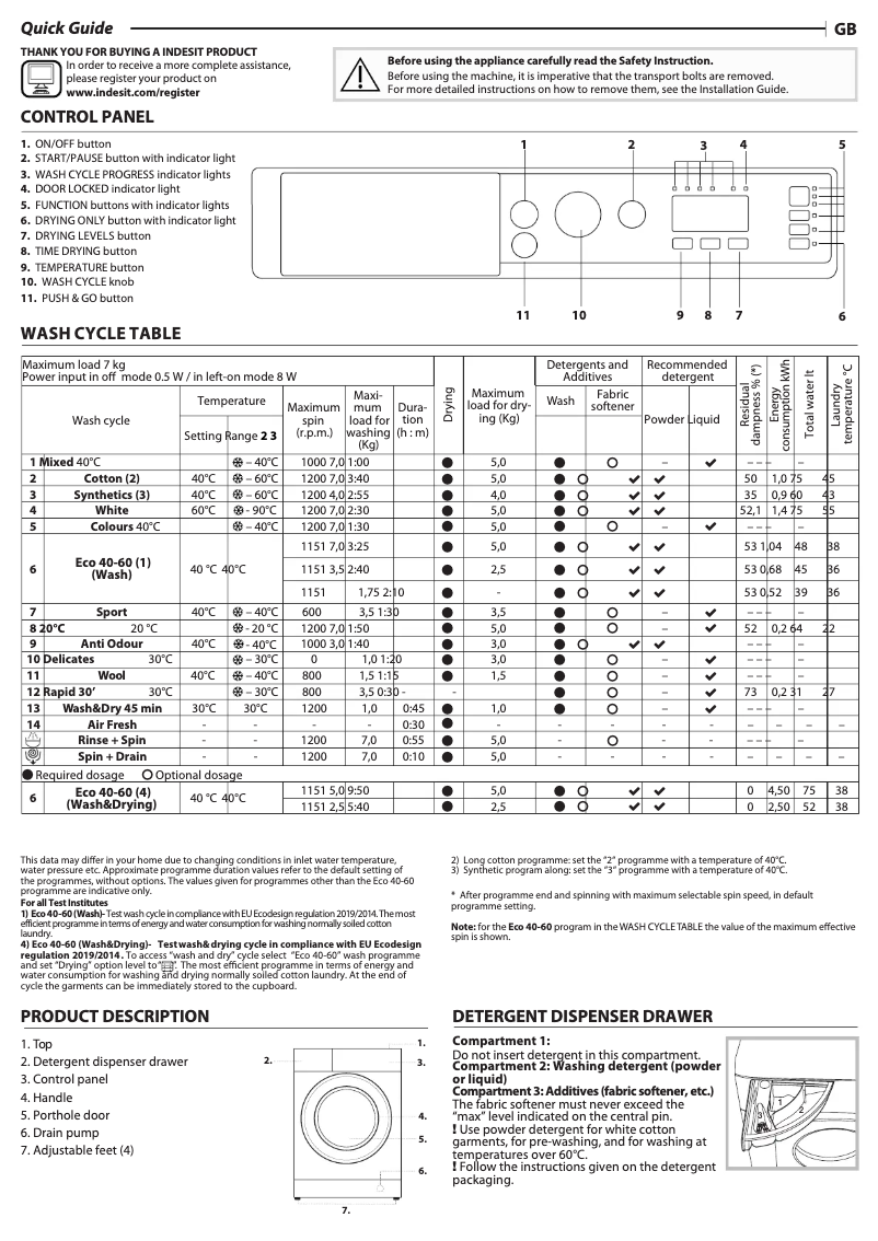 Page n°1 - Manuel utilisateur Indesit BI WDIL 75125 UK N