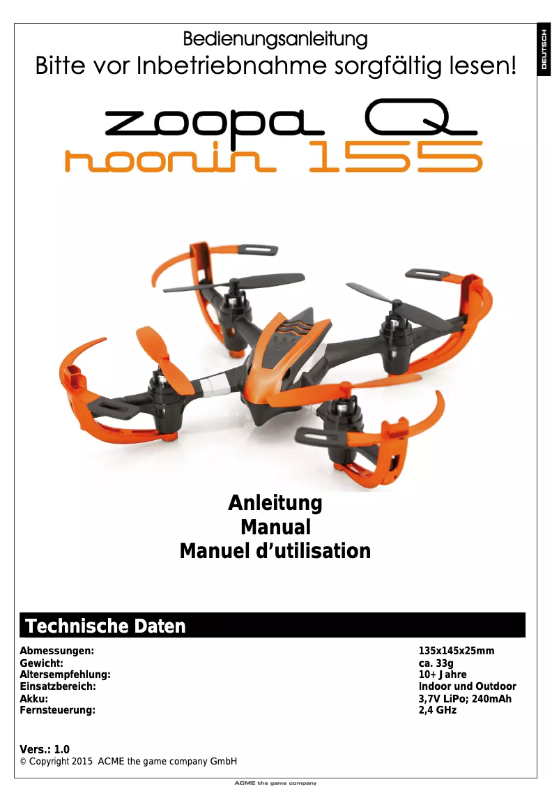 Page n°1 - Manuel utilisateur Snakebyte Zoopa Q155 roonin