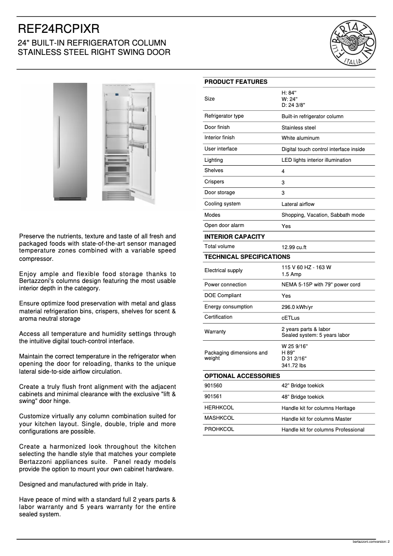 Page 1 de la notice Fiche technique Bertazzoni REF24RCPIXR