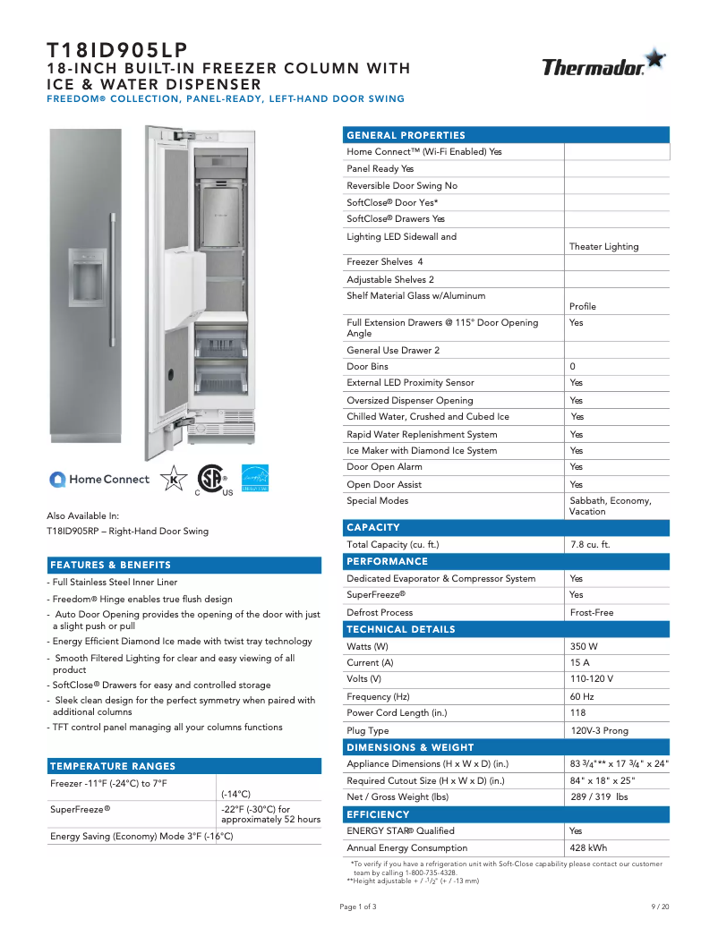 Page 1 de la notice Fiche technique Thermador T18ID905LP