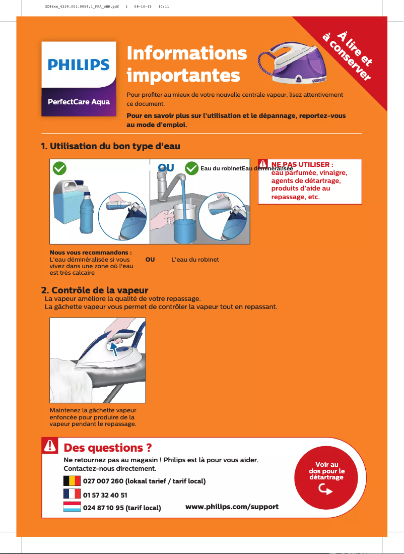 Page 1 de la notice Guide de démarrage rapide Philips PerfectCare Aqua GC8643
