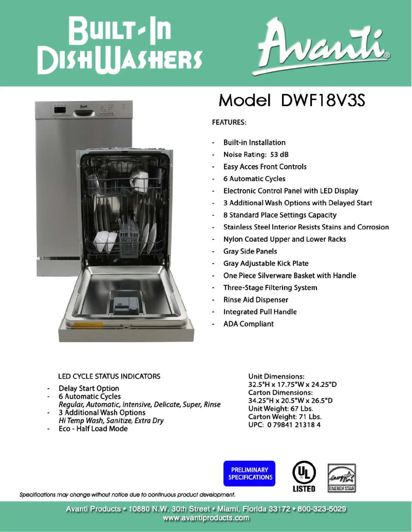 Page 1 de la notice Fiche technique Avanti DWF18V3S