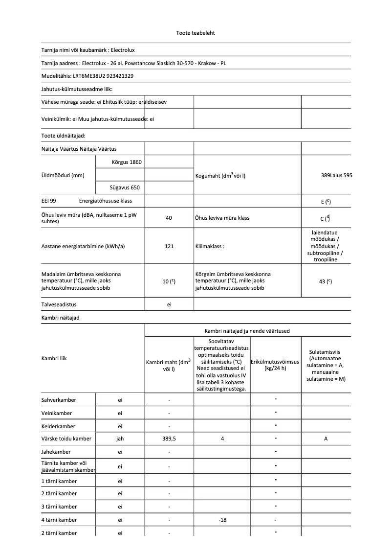 Page 1 de la notice Fiche technique Electrolux LRT6ME38U2
