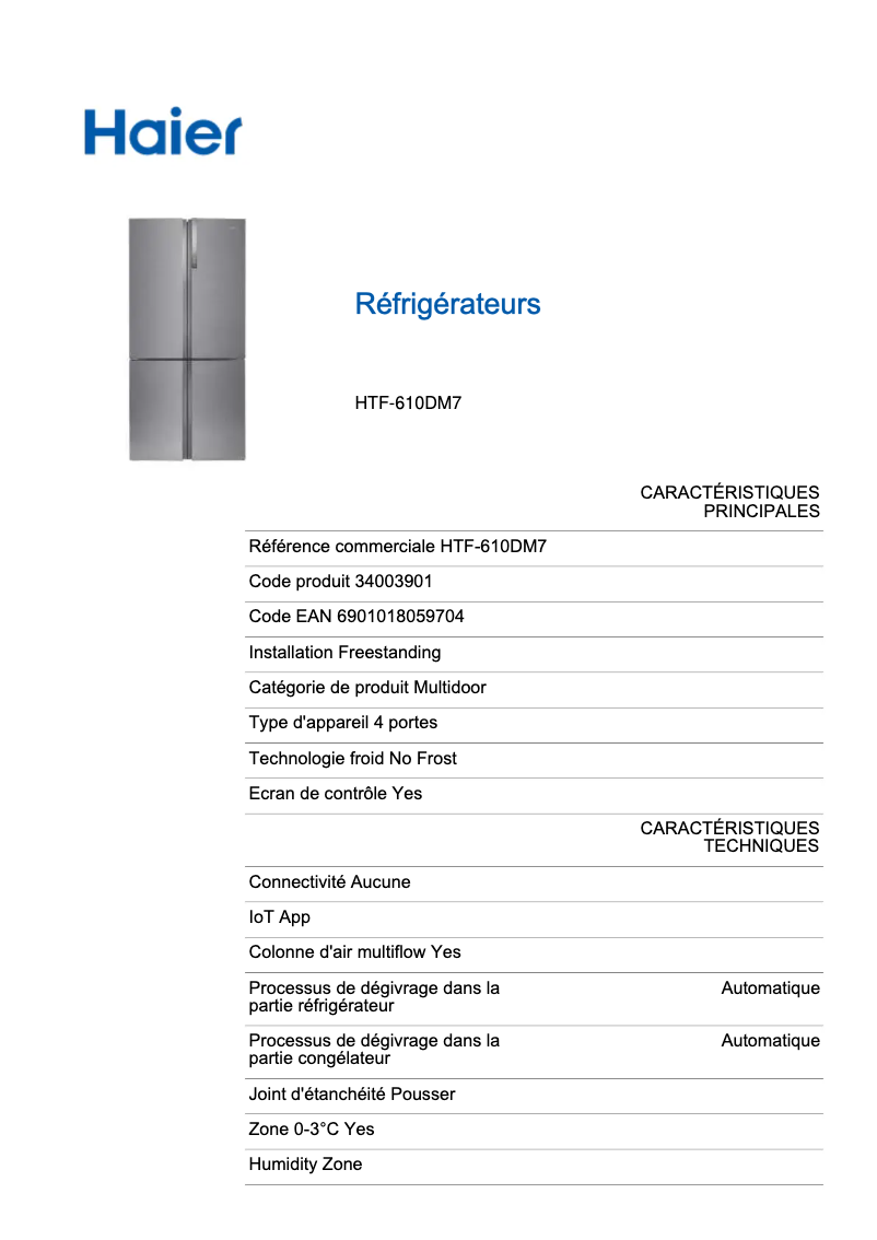 Page n°1 - Fiche technique Haier HTF-610DM7