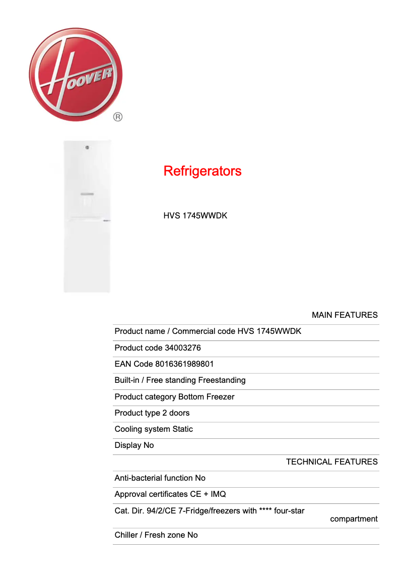 Page 1 de la notice Fiche technique Hoover HVS 1745WWDK