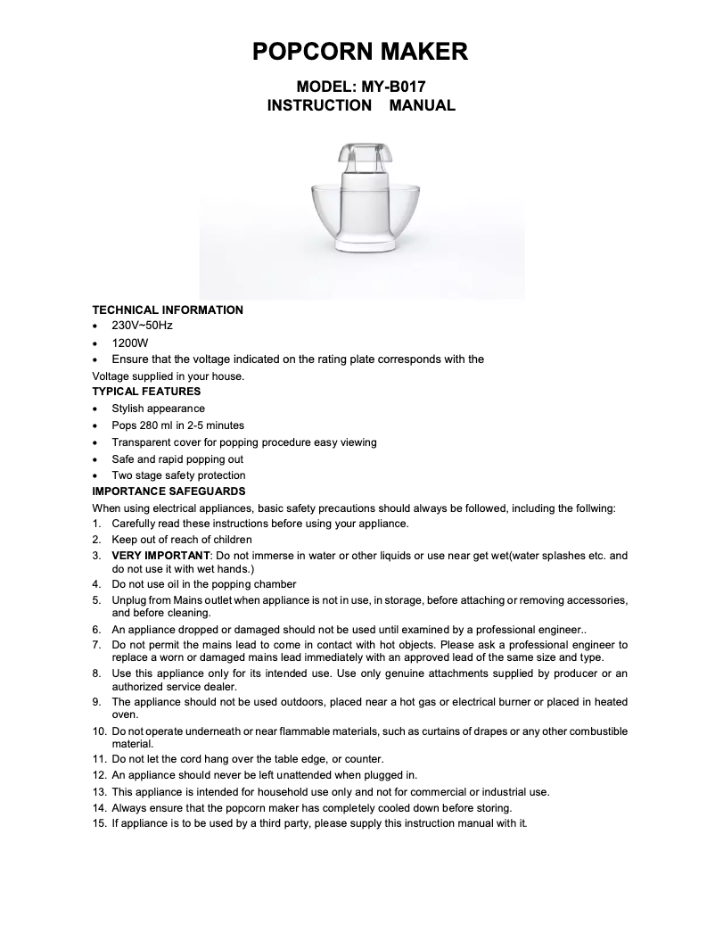 Page n°1 - Manuel utilisateur Cornfit MY-B017