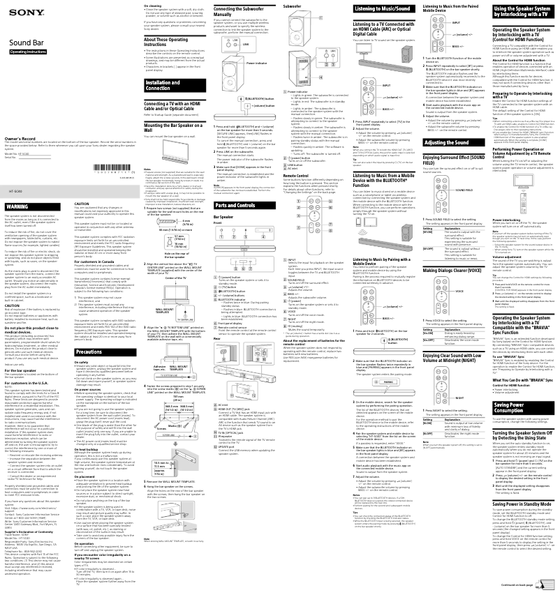 Page n°1 - Manuel utilisateur Sony HT-SC40