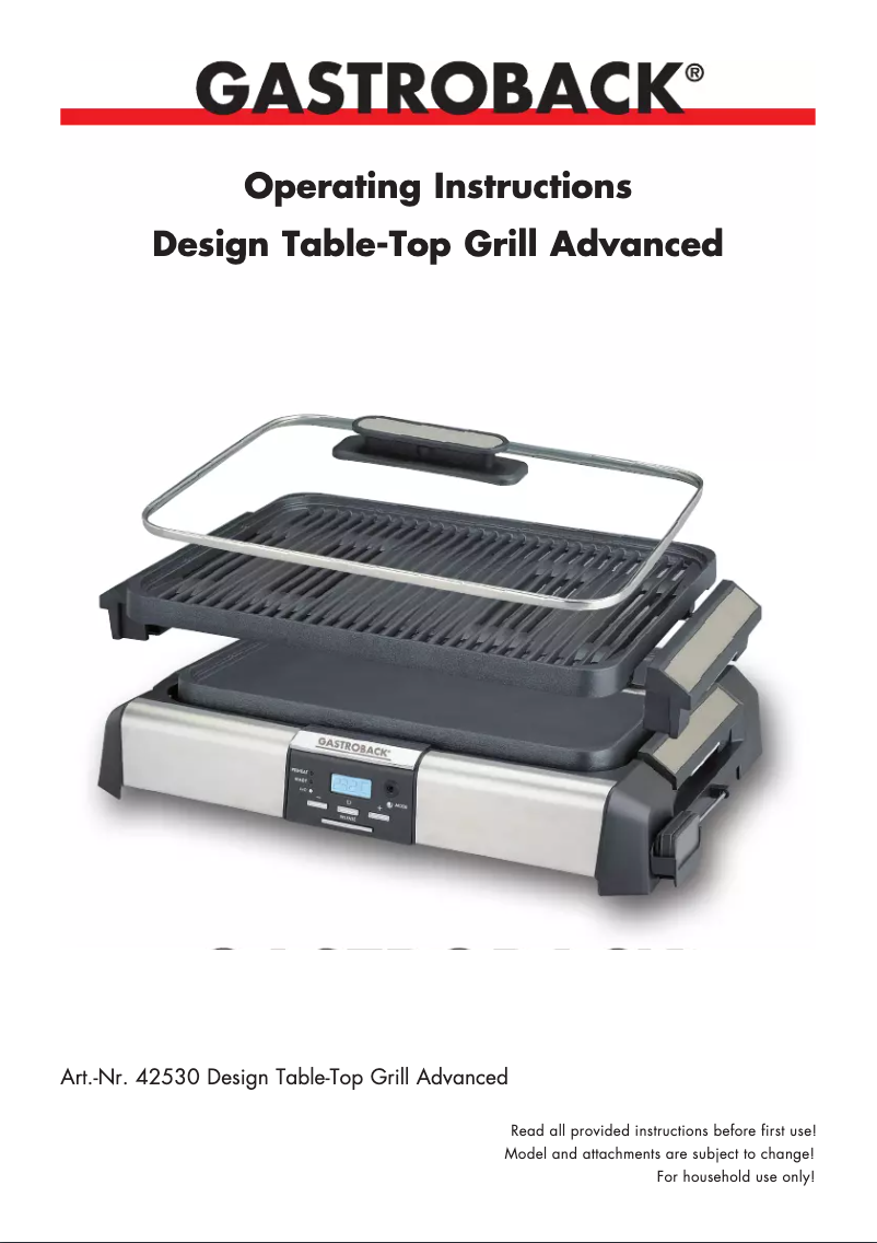 Page 1 de la notice Manuel utilisateur Gastroback Design Table-Top Grill Advanced 42530