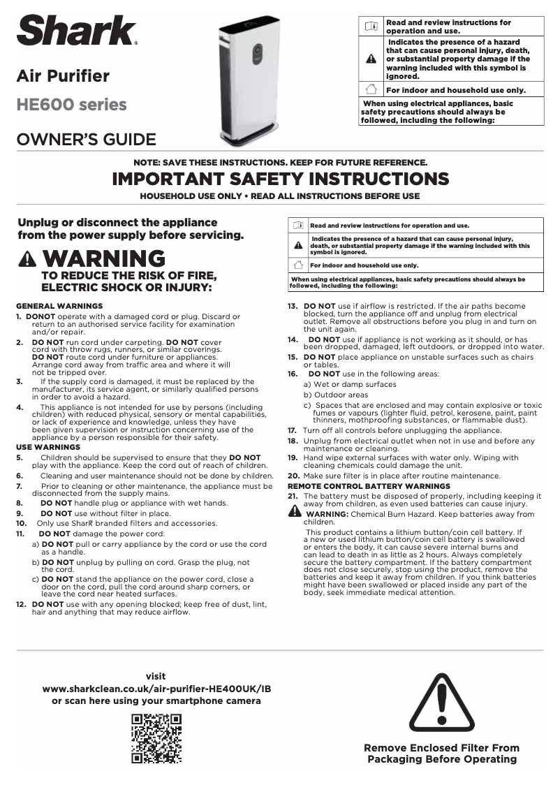 Page 1 de la notice Manuel utilisateur Shark HE600