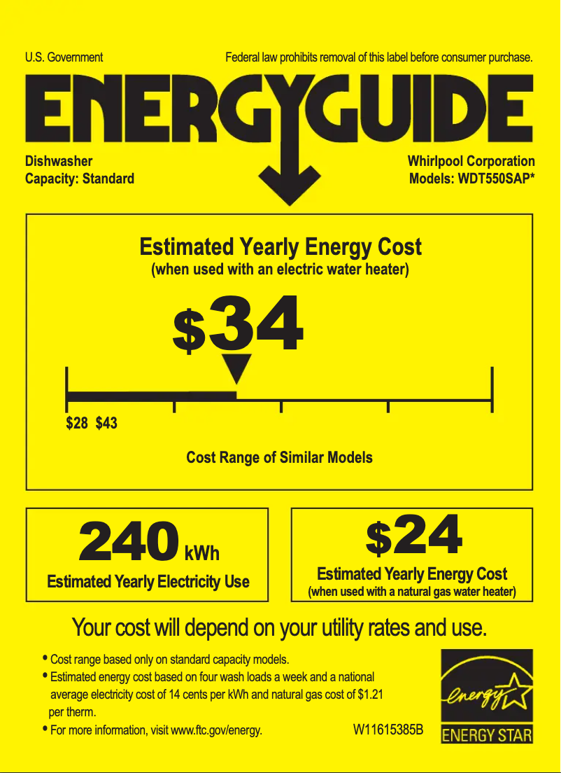 Page 1 de la notice Label énergétique Whirlpool WDT550SAPB