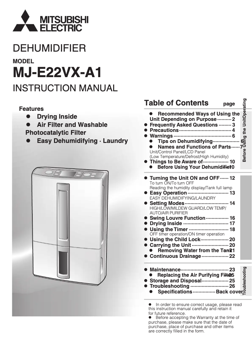 Page n°1 - Manuel utilisateur Mitsubishi MJ-E22VX-A1