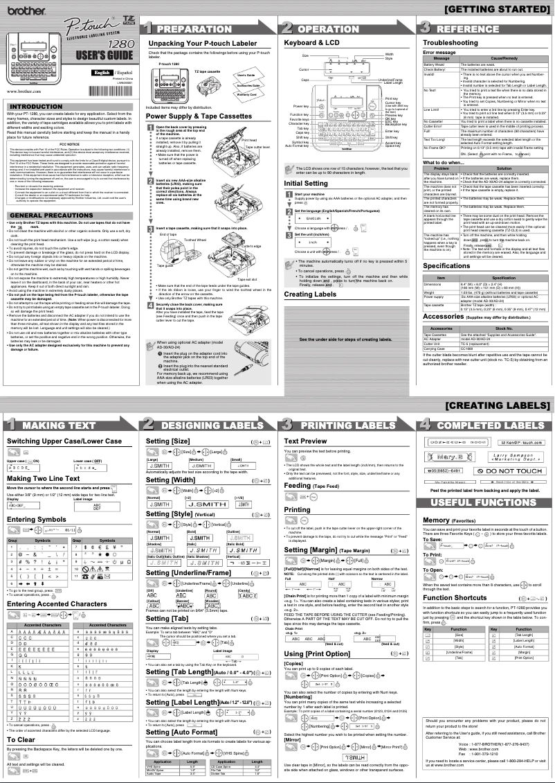 Image de la première page du manuel de l'appareil P-touch PT1280VP