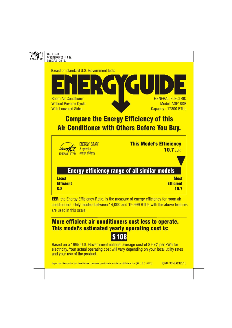 Page 1 de la notice Label énergétique GE AGF18DB