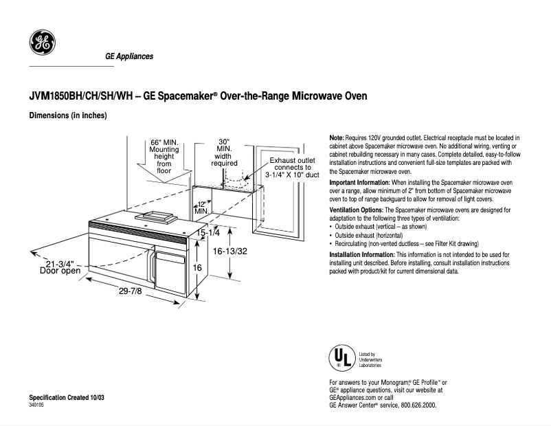 Page 1 de la notice Fiche technique GE JVM1850SH