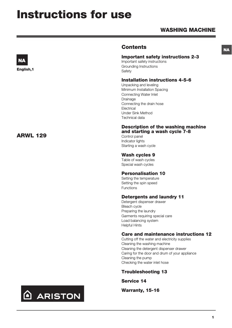 Image de la première page du manuel de l'appareil ARWL 129