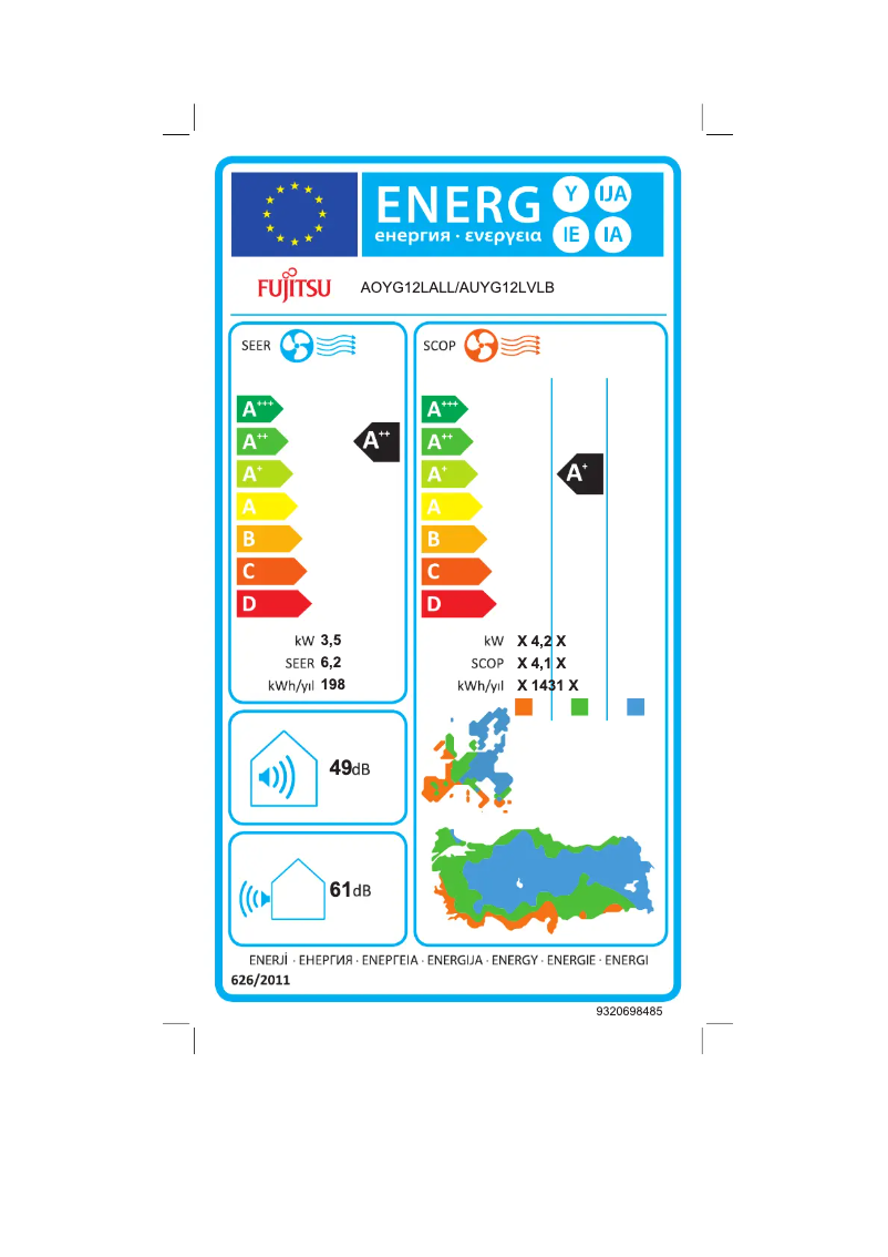 Page 1 de la notice Label énergétique Fujitsu AUYG12LVLB