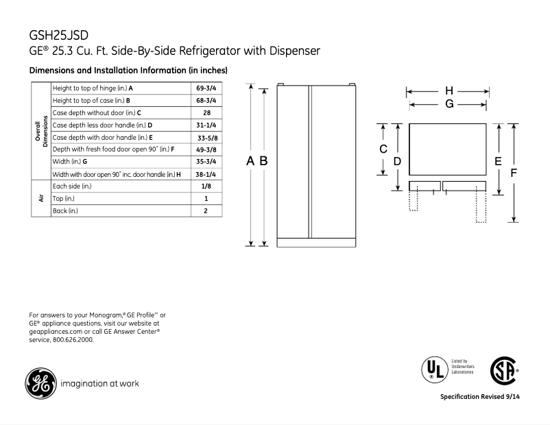 Page 1 de la notice Fiche technique GE GSH25JSDSS