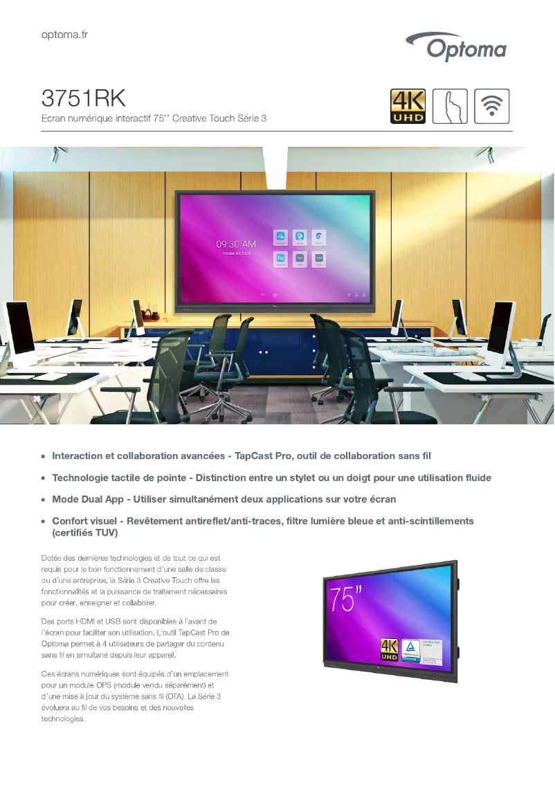 Page 1 de la notice Fiche technique Optoma 3751RK