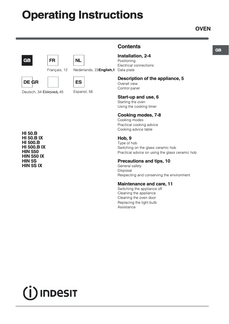 Page n°1 - Manuel utilisateur Indesit HI 50.B IX