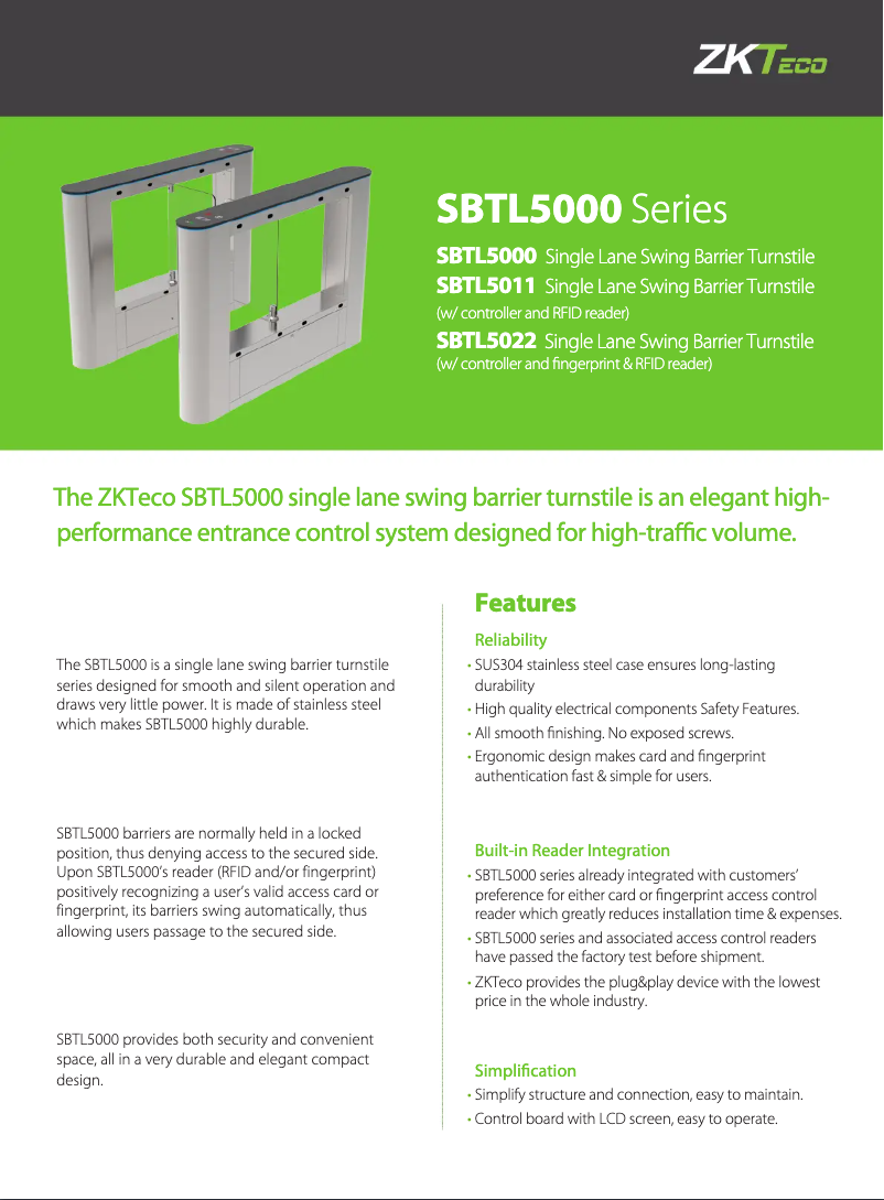 Page n°1 - Fiche technique ZKTeco SBTL5000