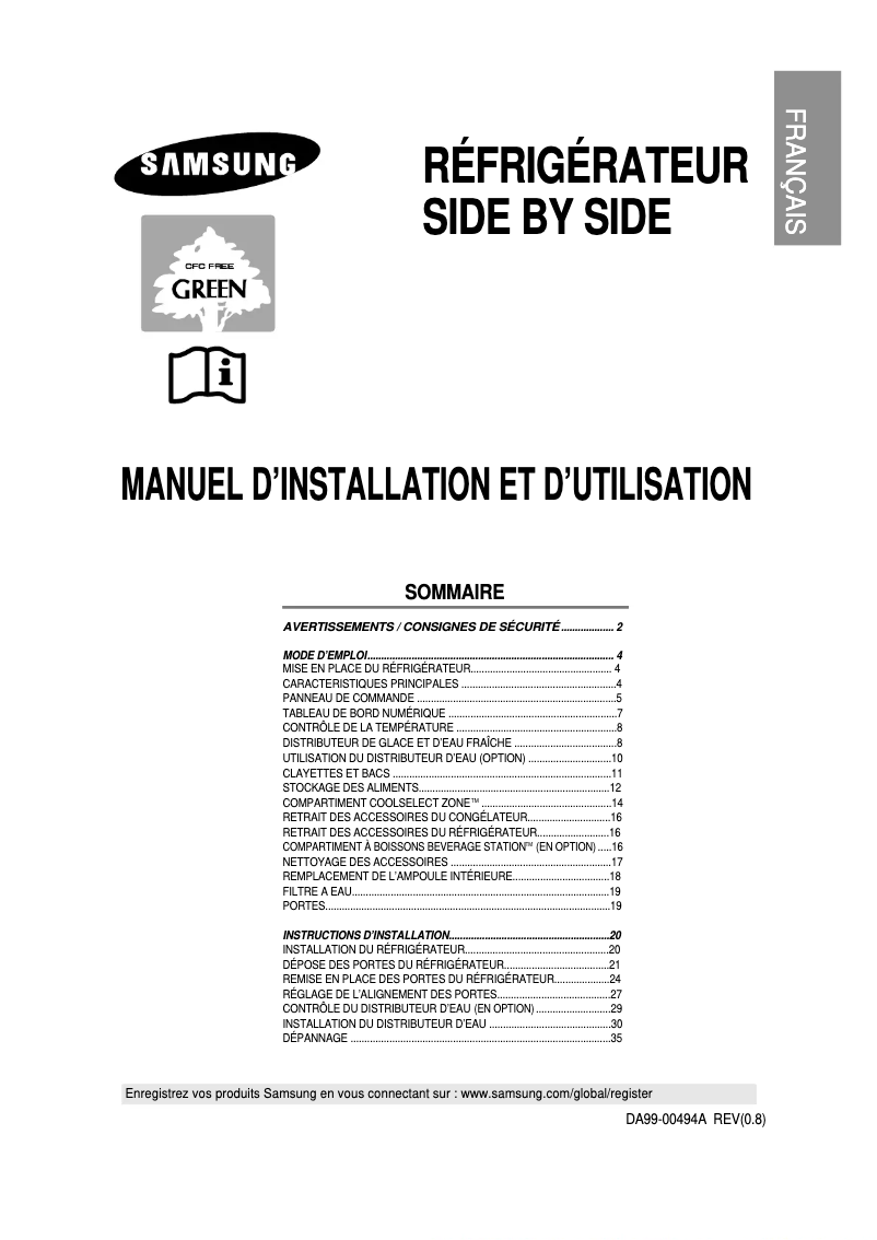 Page 1 de la notice Manuel utilisateur Samsung RS22FLWR