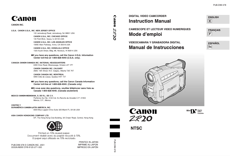 Page n°1 - Manuel utilisateur Canon ZR20