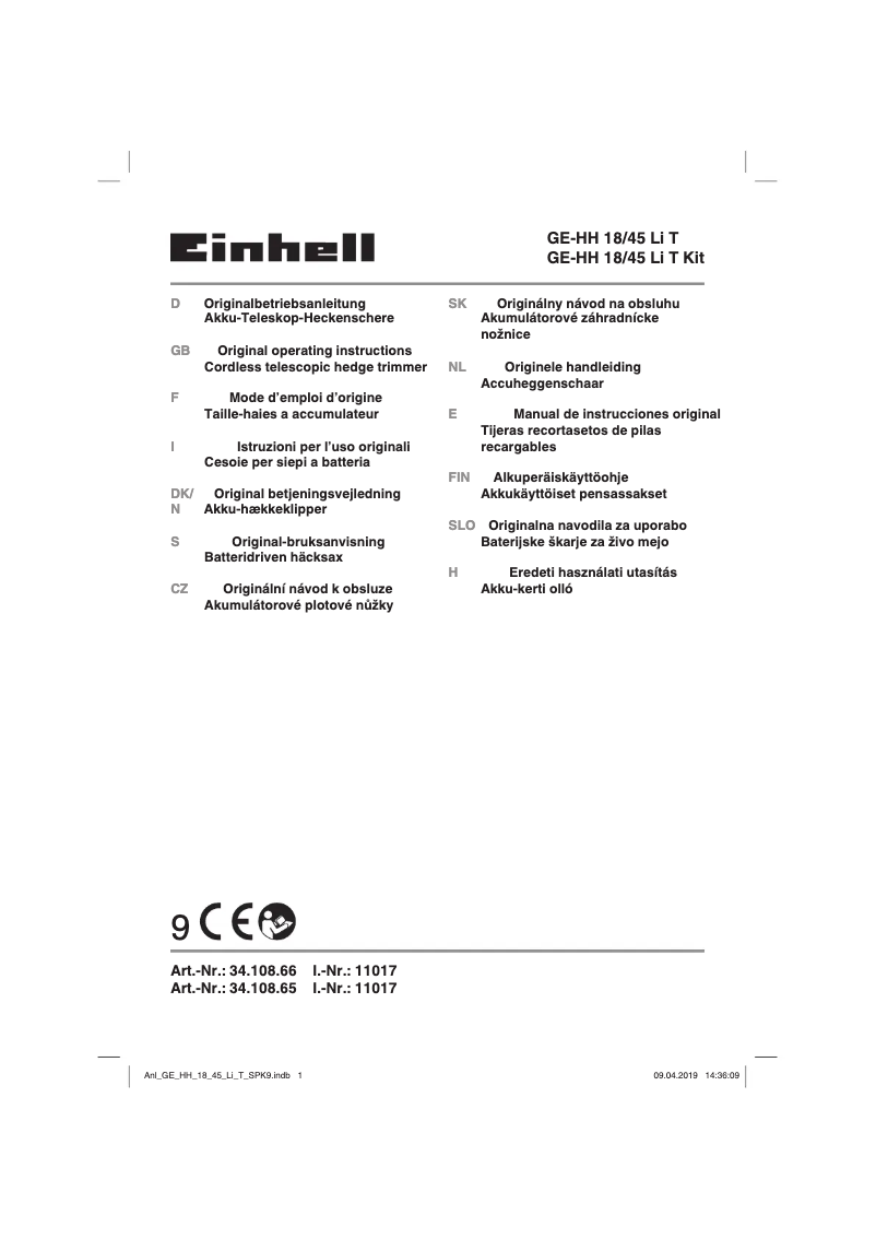 Page n°1 - Manuel utilisateur Einhell GE-HH 18/45 Li T Kit