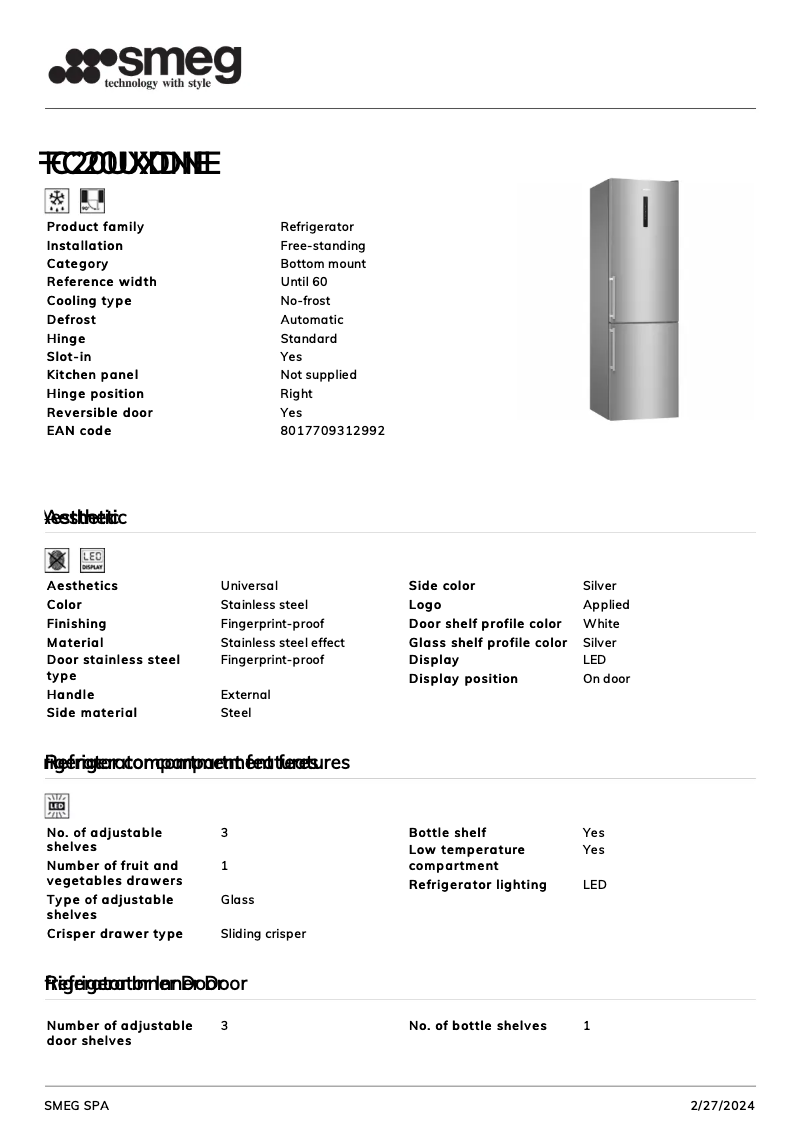 Page n°1 - Fiche technique Smeg FC20UXDNE