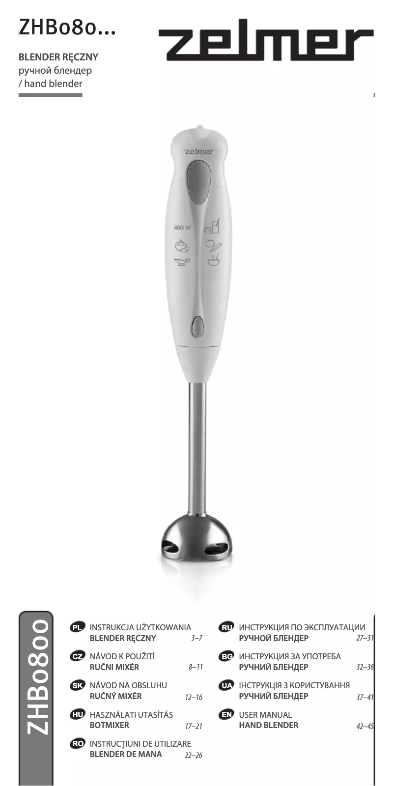 Page 1 de la notice Manuel utilisateur Zelmer ZHB0804S